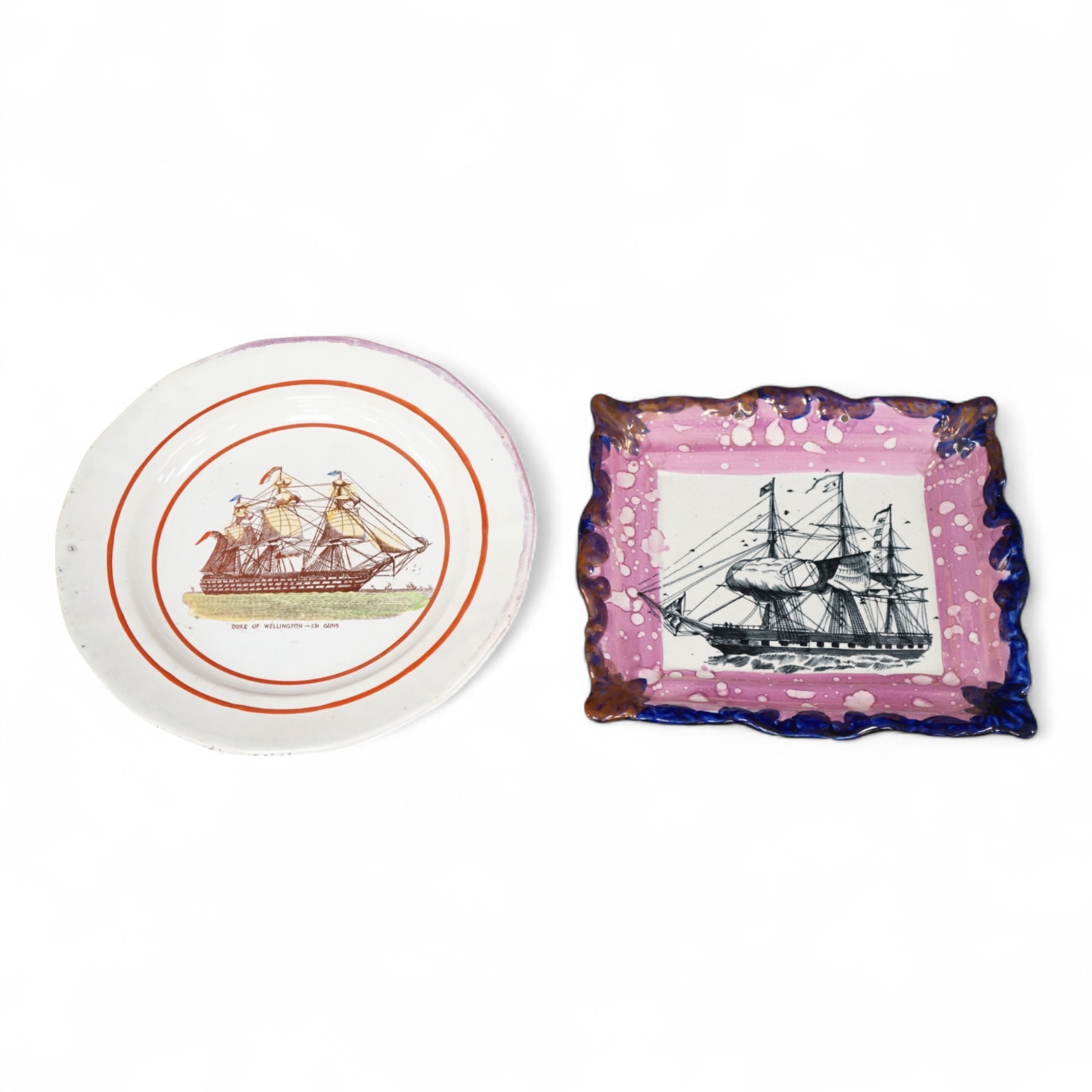A 19th century Sunderland pink lustre ‘ship’ plaque and an HMS, Duke of Wellington plate, largest 24cm in diameter